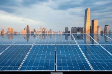 Rooftop solar panels city reflection