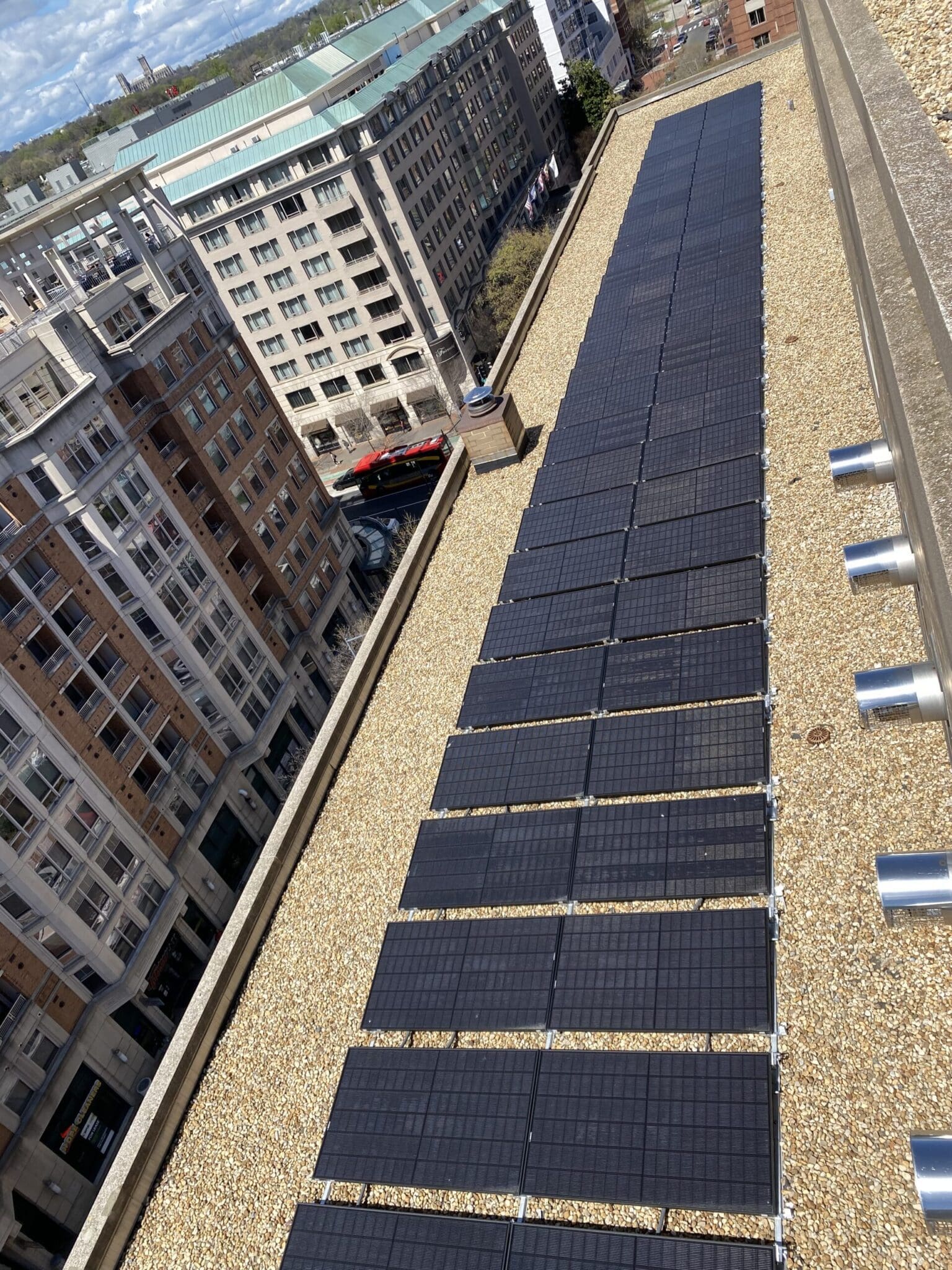 bird's eye view of commercial solar on a Georgetown hotel in D.C.