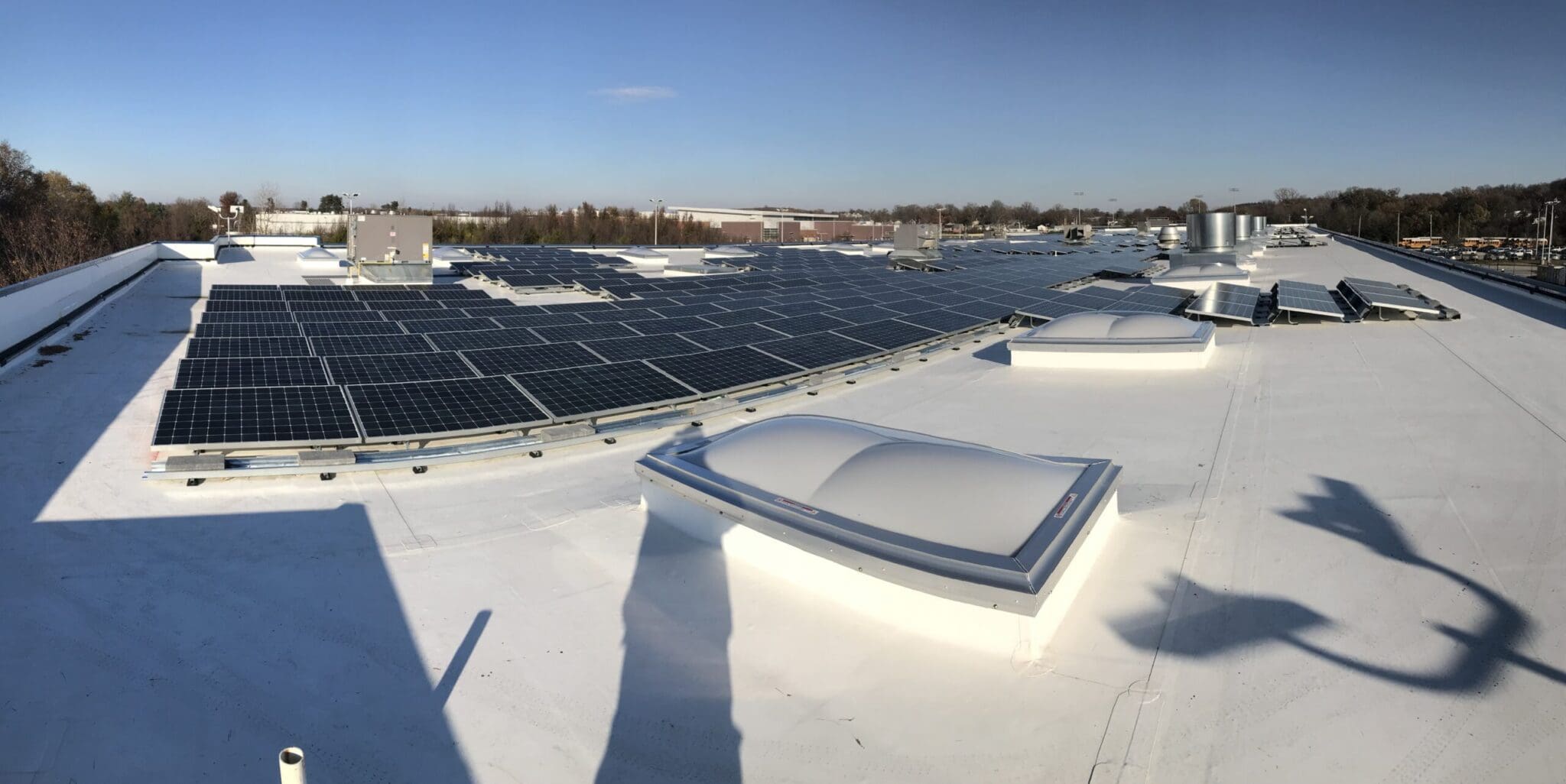 Pano view of a prefab facility with rooftop solar that offsets over 90% of its energy use